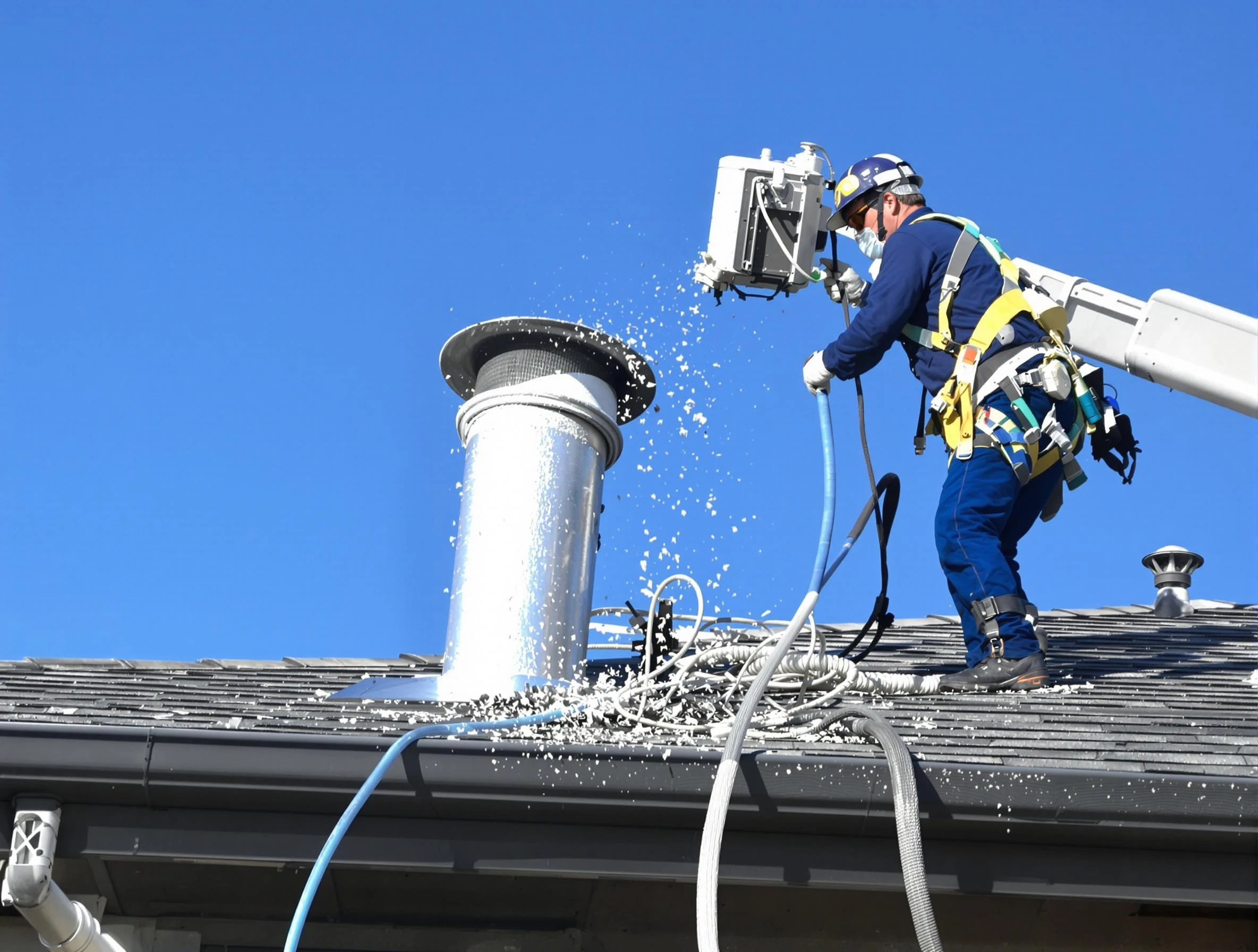 Duluth Dryer Vent Cleaning certified technician safely cleaning a roof-mounted dryer vent in Duluth