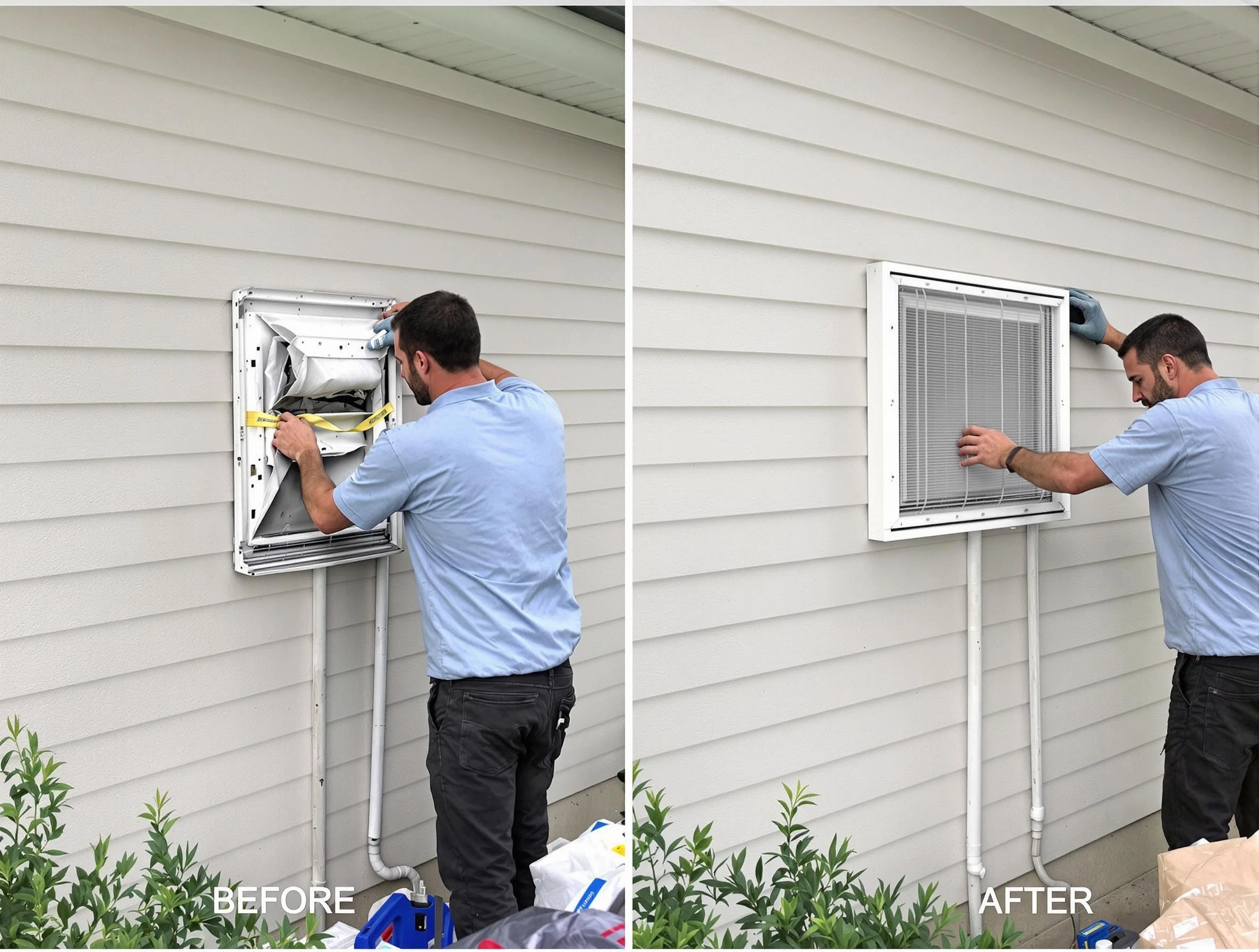 Duluth Dryer Vent Cleaning technician installing high-quality dryer vent cover at a residential property in Duluth
